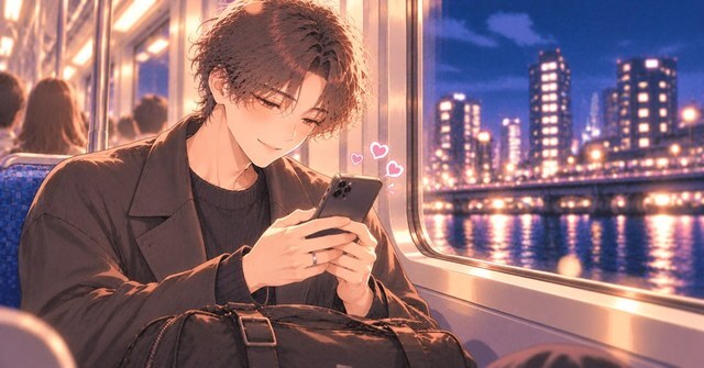 夜の電車でメッセージを打つ